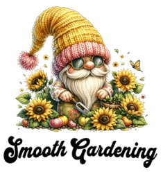 Smooth Gardening Illustrated Logo. A groovy, bearded senior garden gnome wearing a crocheted yellow cap with pinkish lower band and pinkish top ball. The gnome is wearing sunglasses while tending his abundance of sunflowers with an ergonomic garden fork above a retro script of Smooth Gardening.