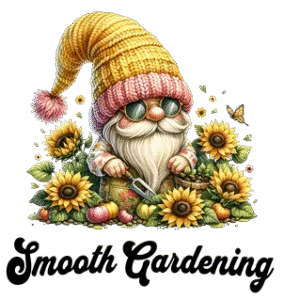 Smooth Gardening Illustrated Logo. A groovy, bearded senior garden gnome wearing a crocheted yellow cap with pinkish lower band and pinkish top ball. The gnome is wearing sunglasses while tending his abundance of sunflowers with an ergonomic garden fork above a retro script of Smooth Gardening.