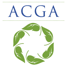 The American Community Gardening Association logo showing dark blue ACGA above a swirl of green leaves all on a white background.